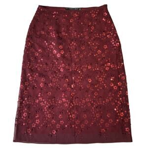 Azadeh Women Skirt M(40) Burgundy Floral Embroidery Chiffon Sequin Knee Length
